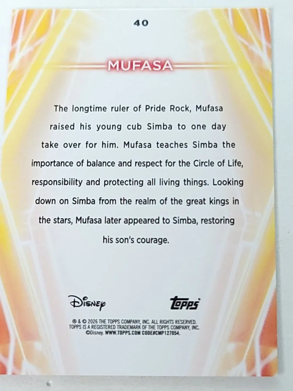 Mufasa Topps 2026 Disney Neon Gold Holo Parallel Limited 14/50 - Picture 4 of 4